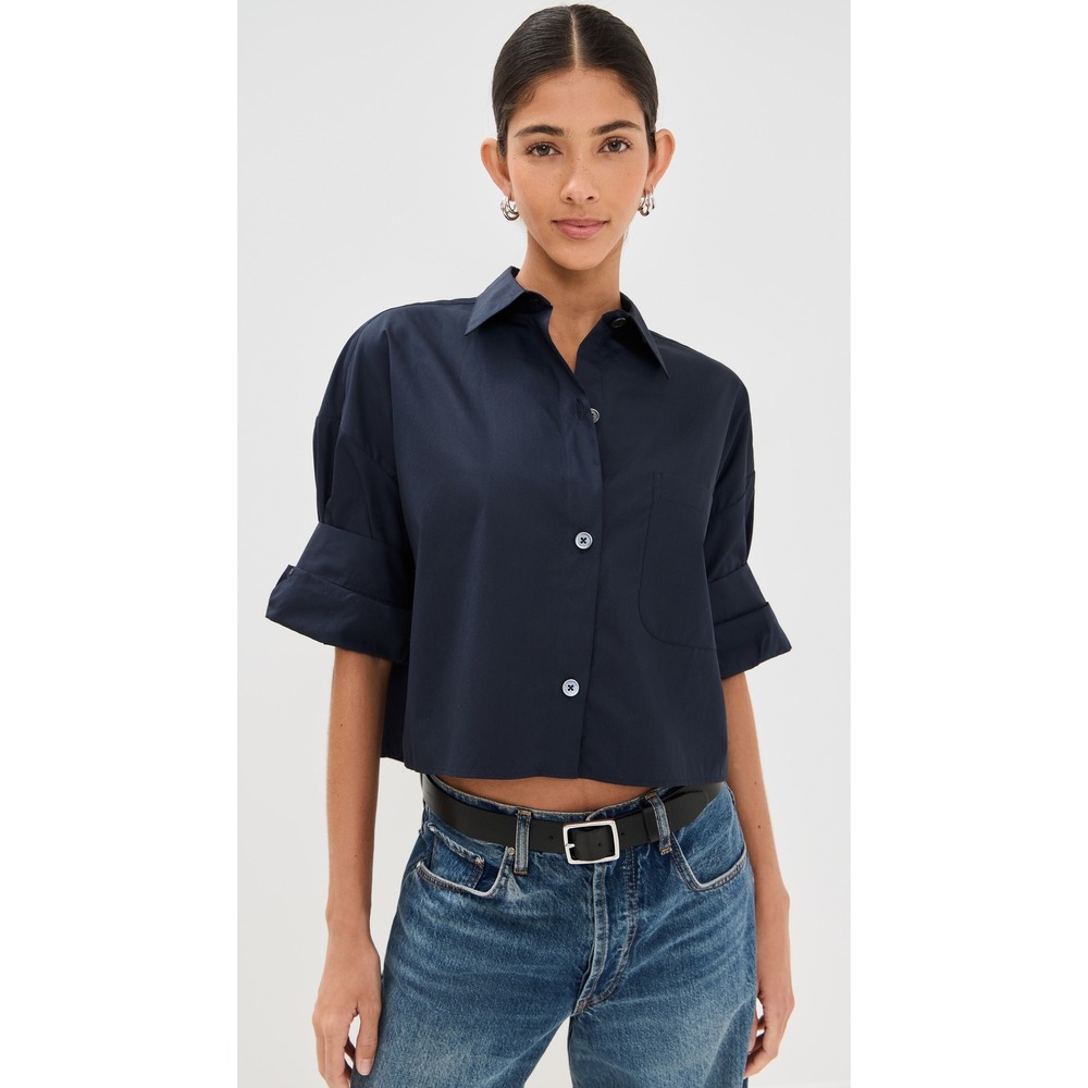 TWP Next Ex Shirt Midnight Navy Blue Cropped Button Down Short Sleeve M/L